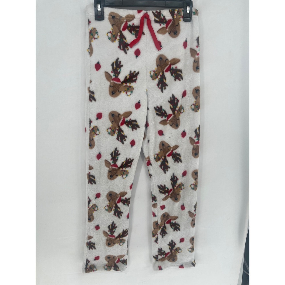 Christmas Reindeer Fleece Pajama Pants Large White Festive Holiday Sleepwear L